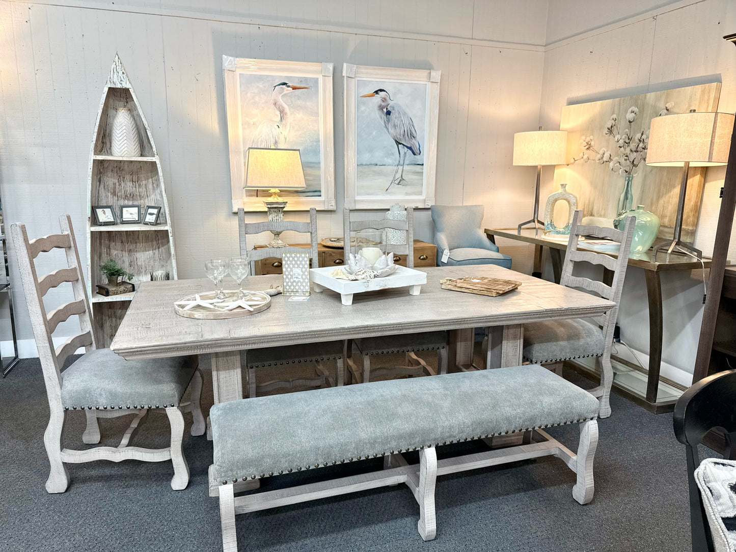 Greywash Farm Table with 4 Chairs and Dining Bench