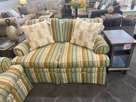 Teal, Salmon and White Striped Loveseat