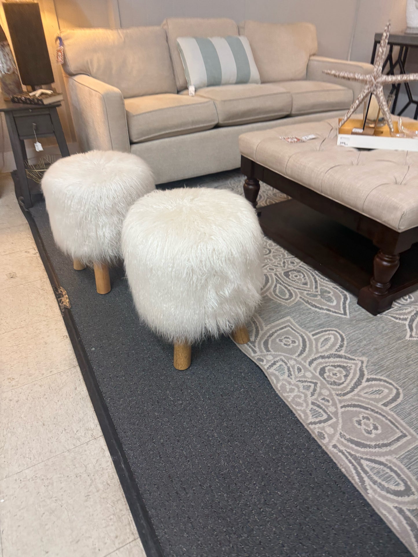 Pottery Barn Cream Mongolian Faux Fur Ottoman