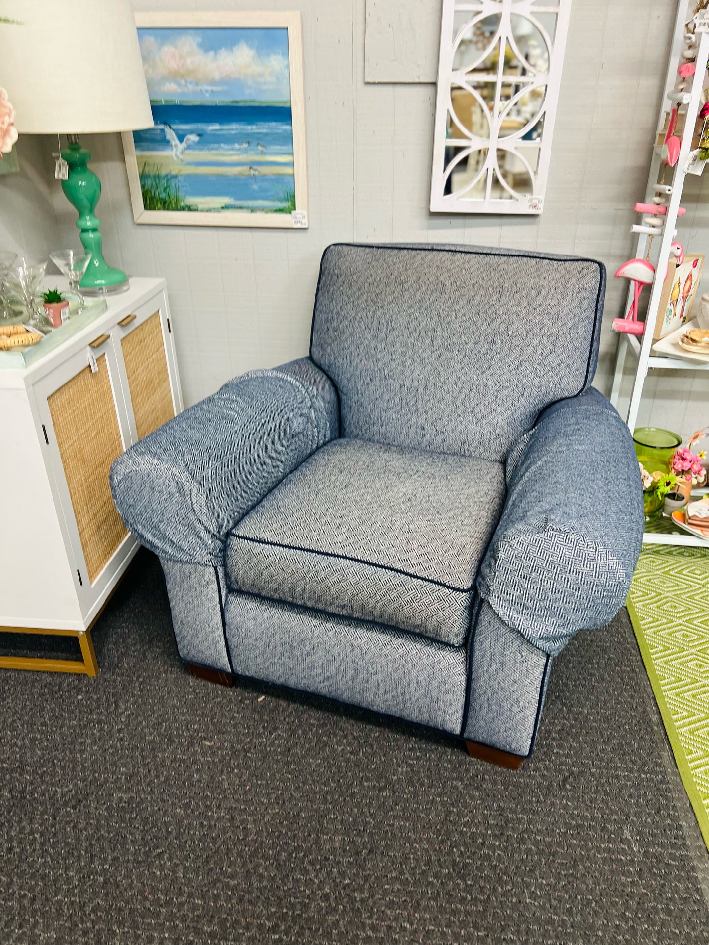 Navy and White Greek Key Club Chair