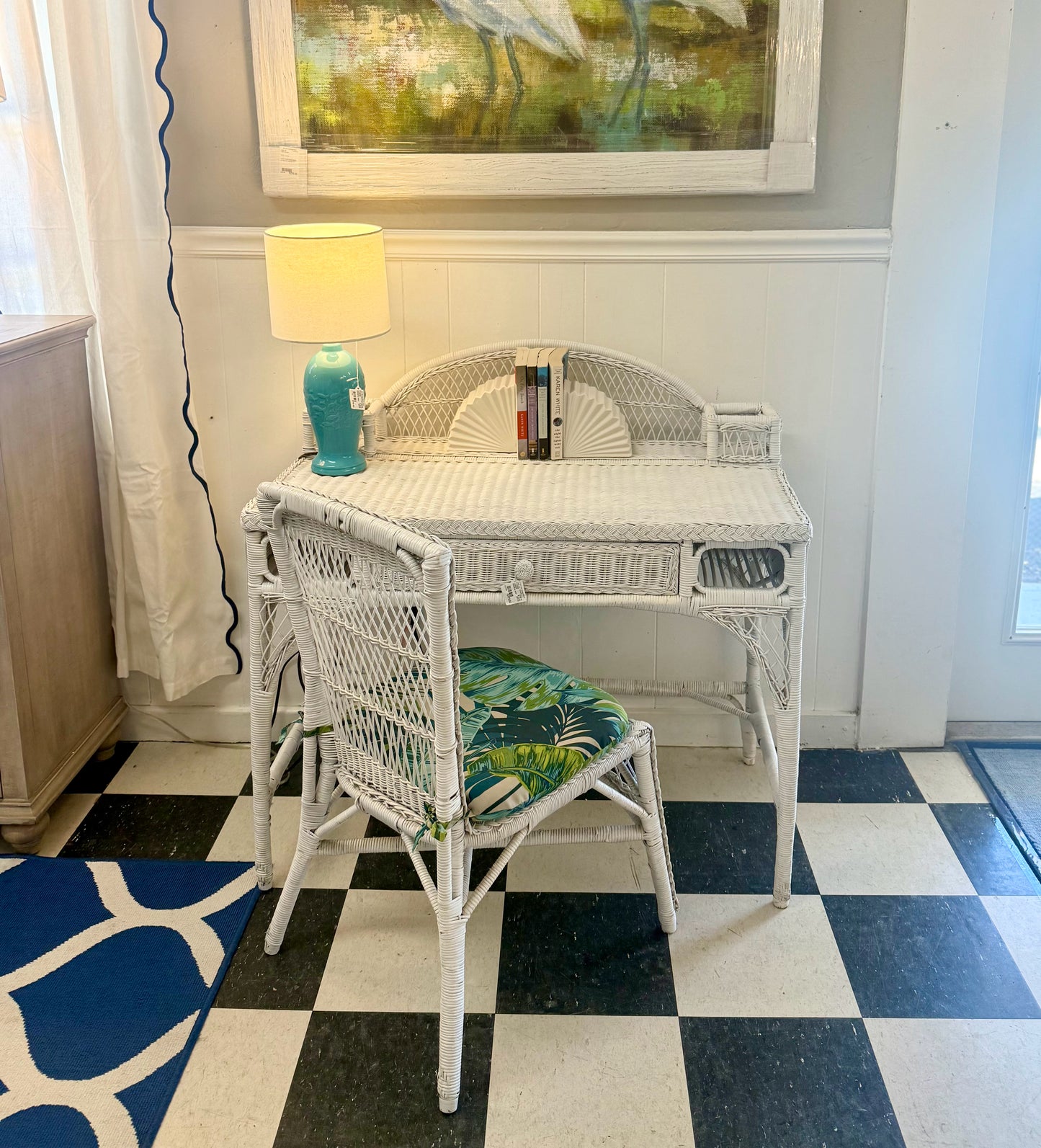 White Wicker Desk with Chair