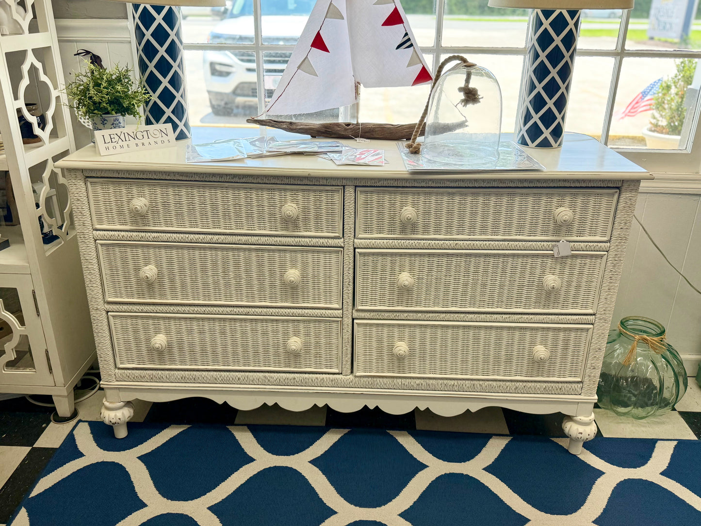 Lexington Distressed White Wicker Dresser