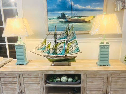 NEW Louvered Sea Glass Lamp with Seashells