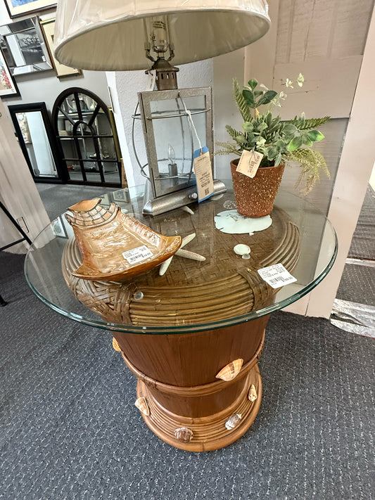 Rattan Glass Top Side Table