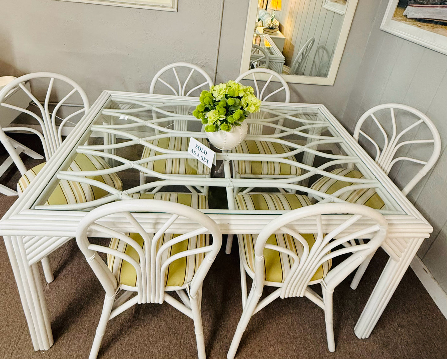 White Rattan Glass Top Dining Table & 6 Chairs