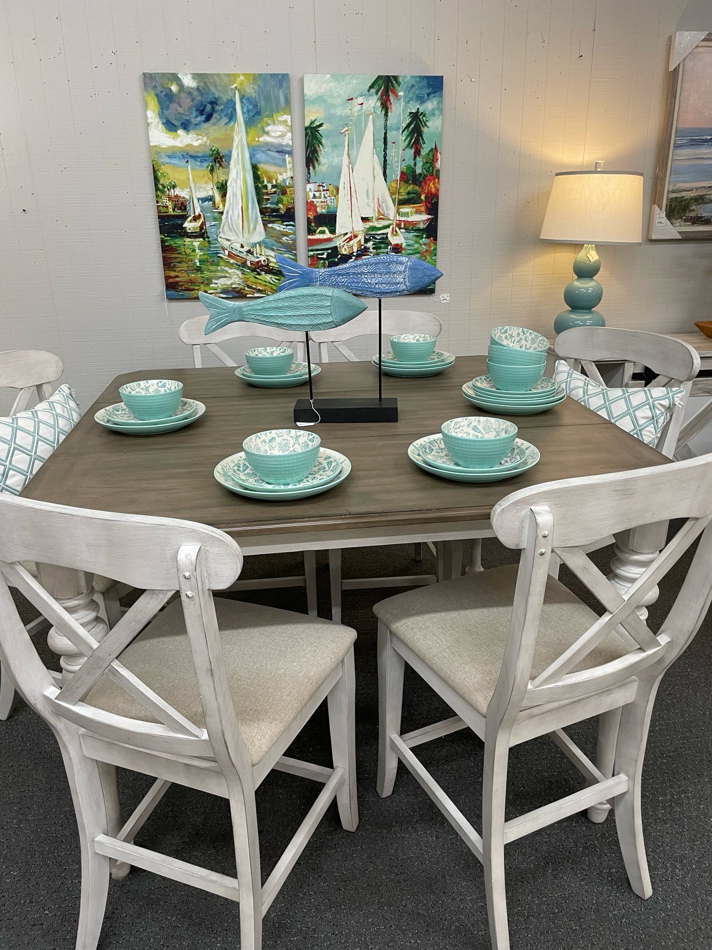 White and Grey Pub Table with 6 Chairs