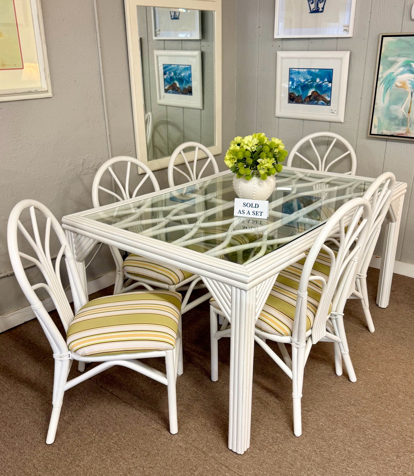 White Rattan Glass Top Dining Table & 6 Chairs