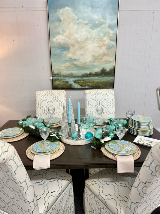 Set of 4 White and Teal Quatrefoil Parsons Chairs