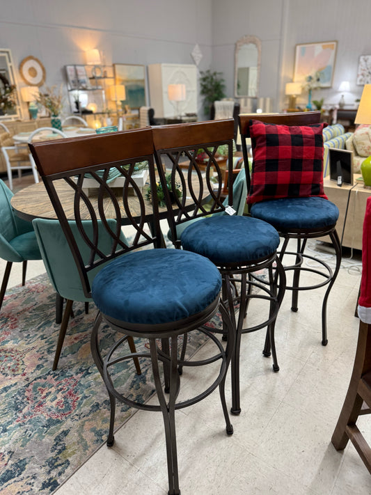 Set of 3 Navy Microsuede Swivel Bar Stools