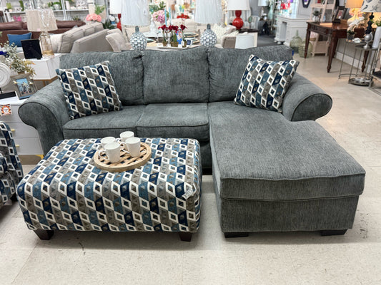 Steel Grey and Teal Diamond Pattern Ottoman