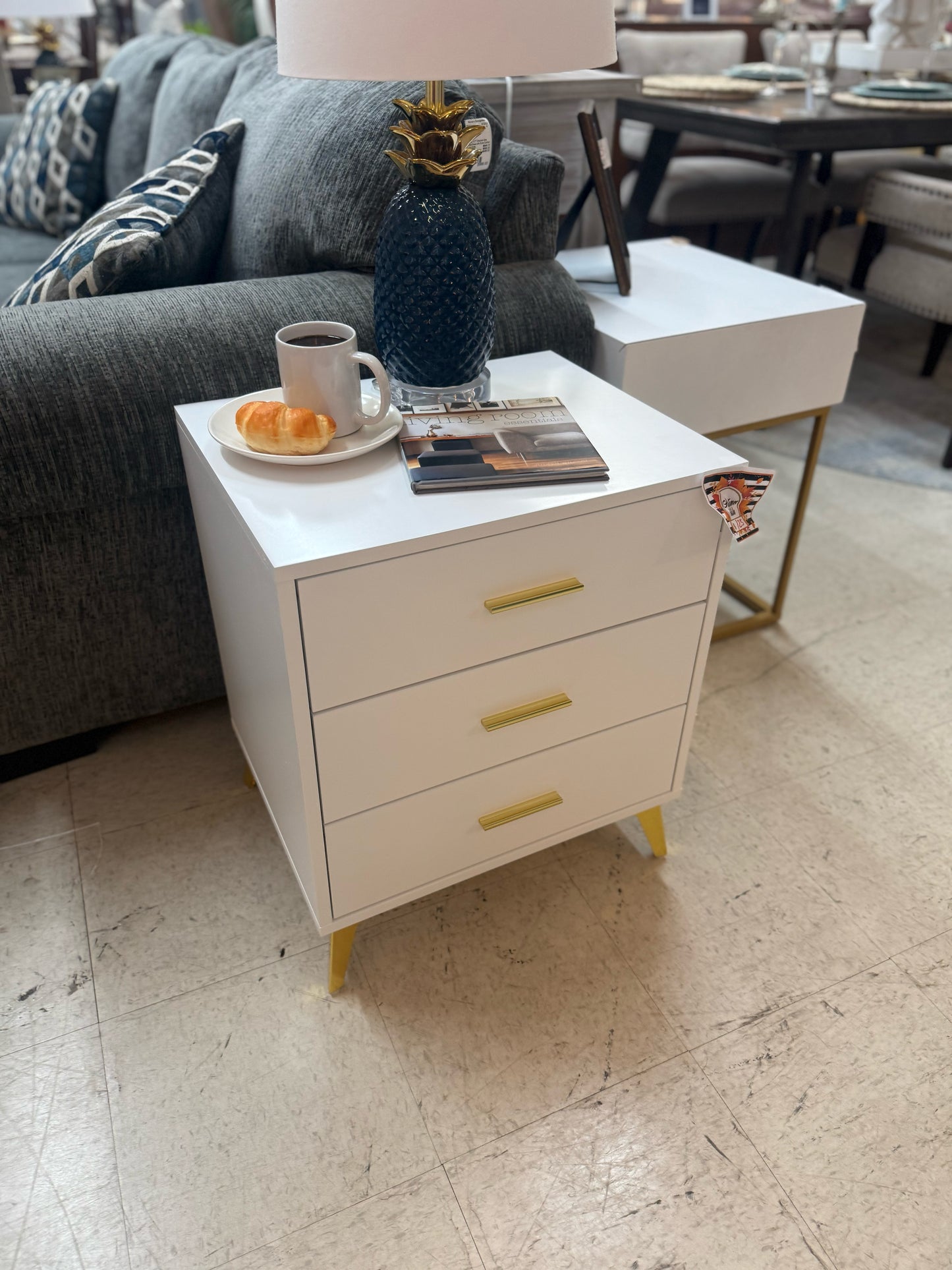NEW Modern White and Gold Nightstand