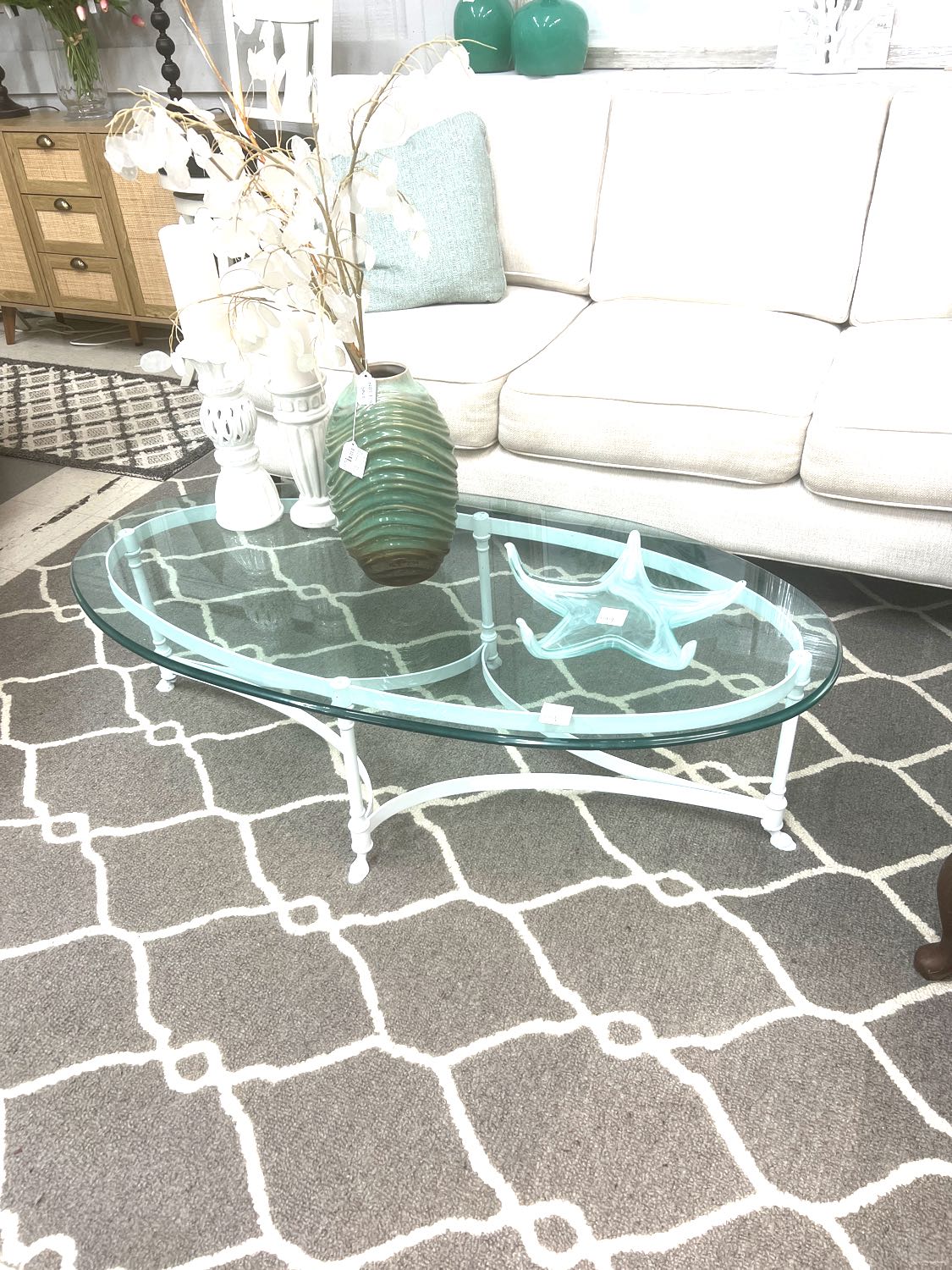 Glass Top White Metal Coffee Table