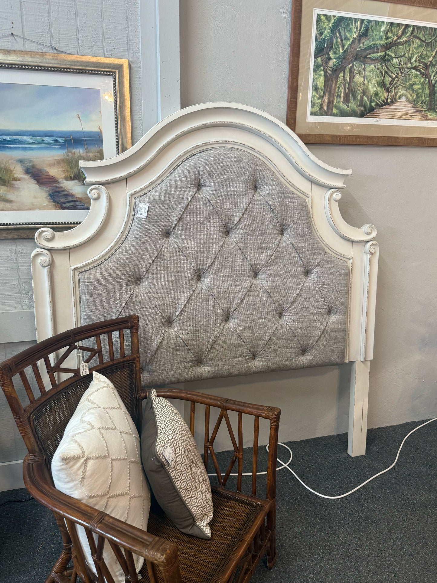 Distressed White and Grey Tufted Queen Bed