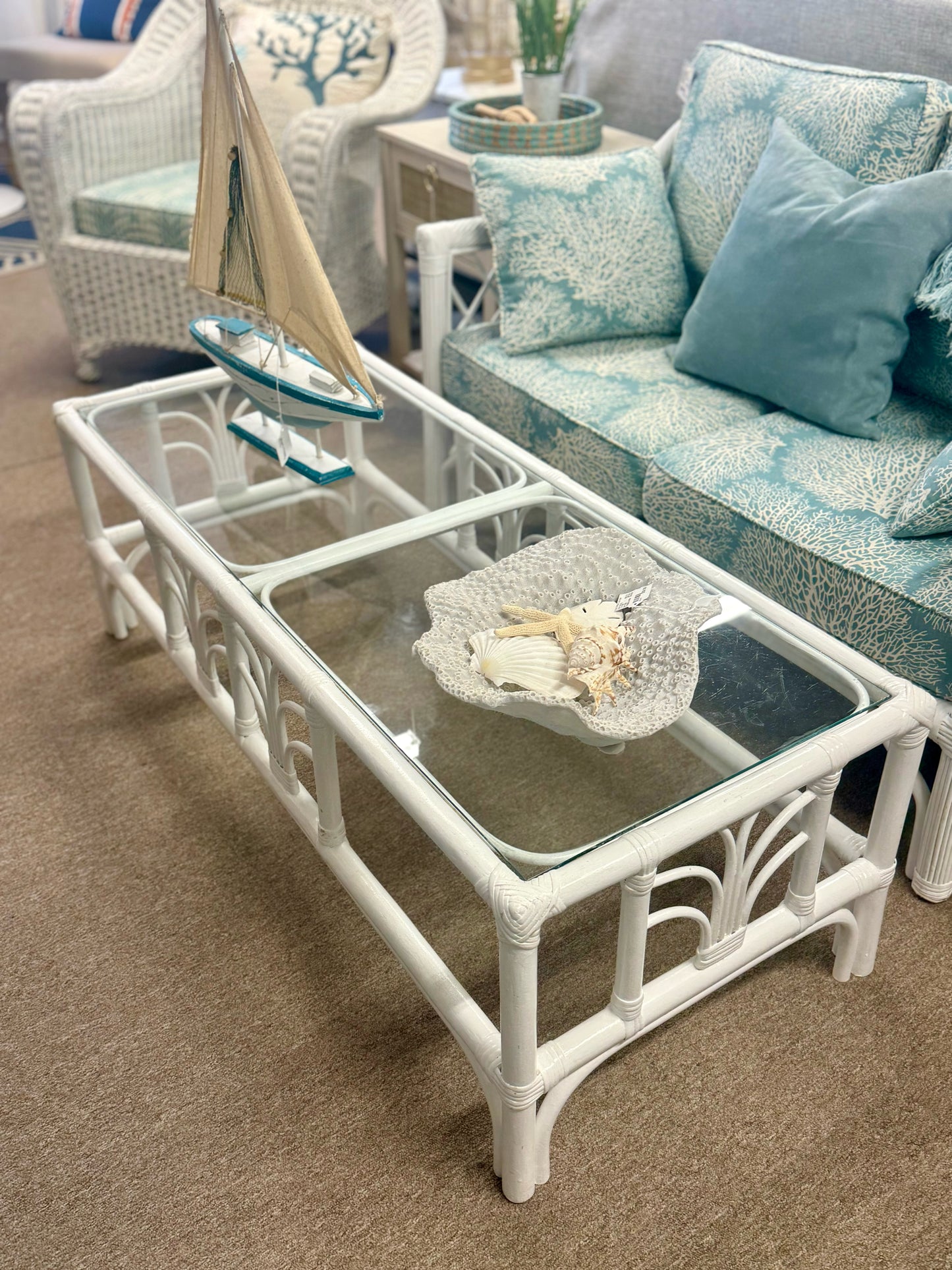 White Rattan Glass Top Coffee Table