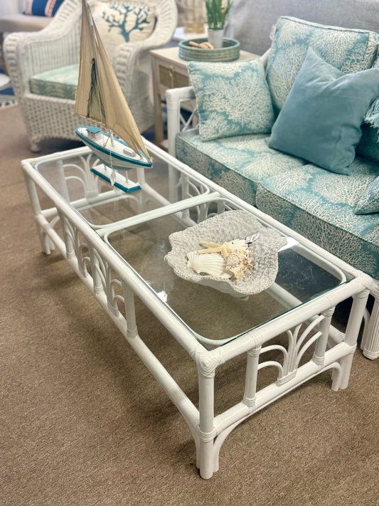 White Rattan Glass Top Coffee Table