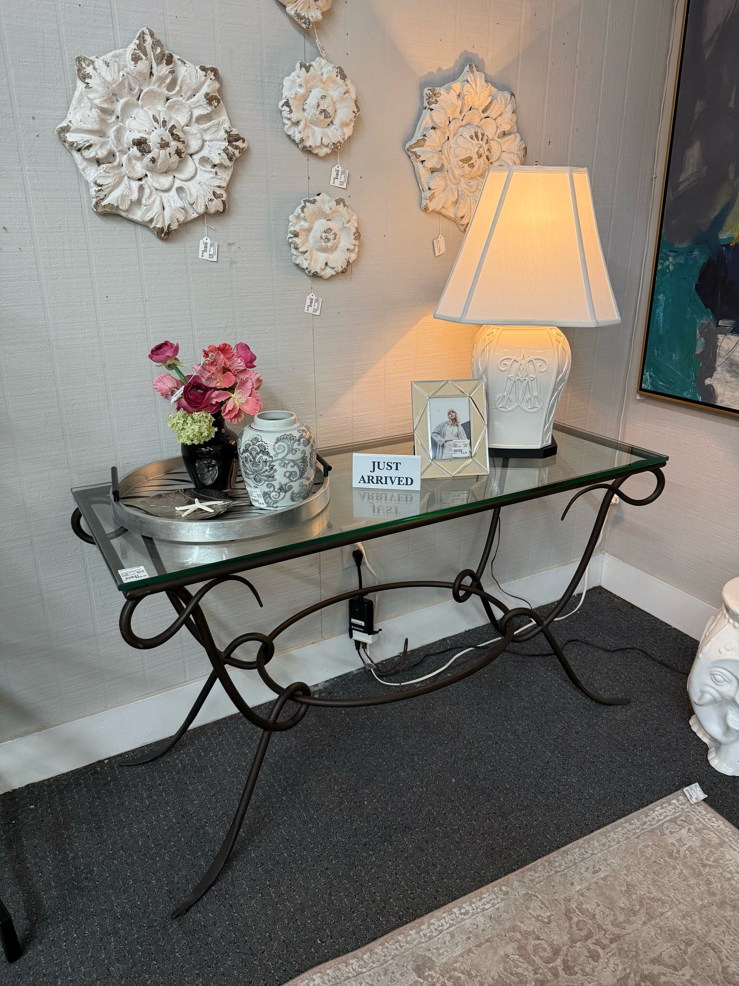 Glass Top Black Iron Console Table