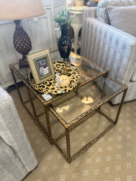 NEW Pair of Hammered Gold Glass Top Nesting Side Tables