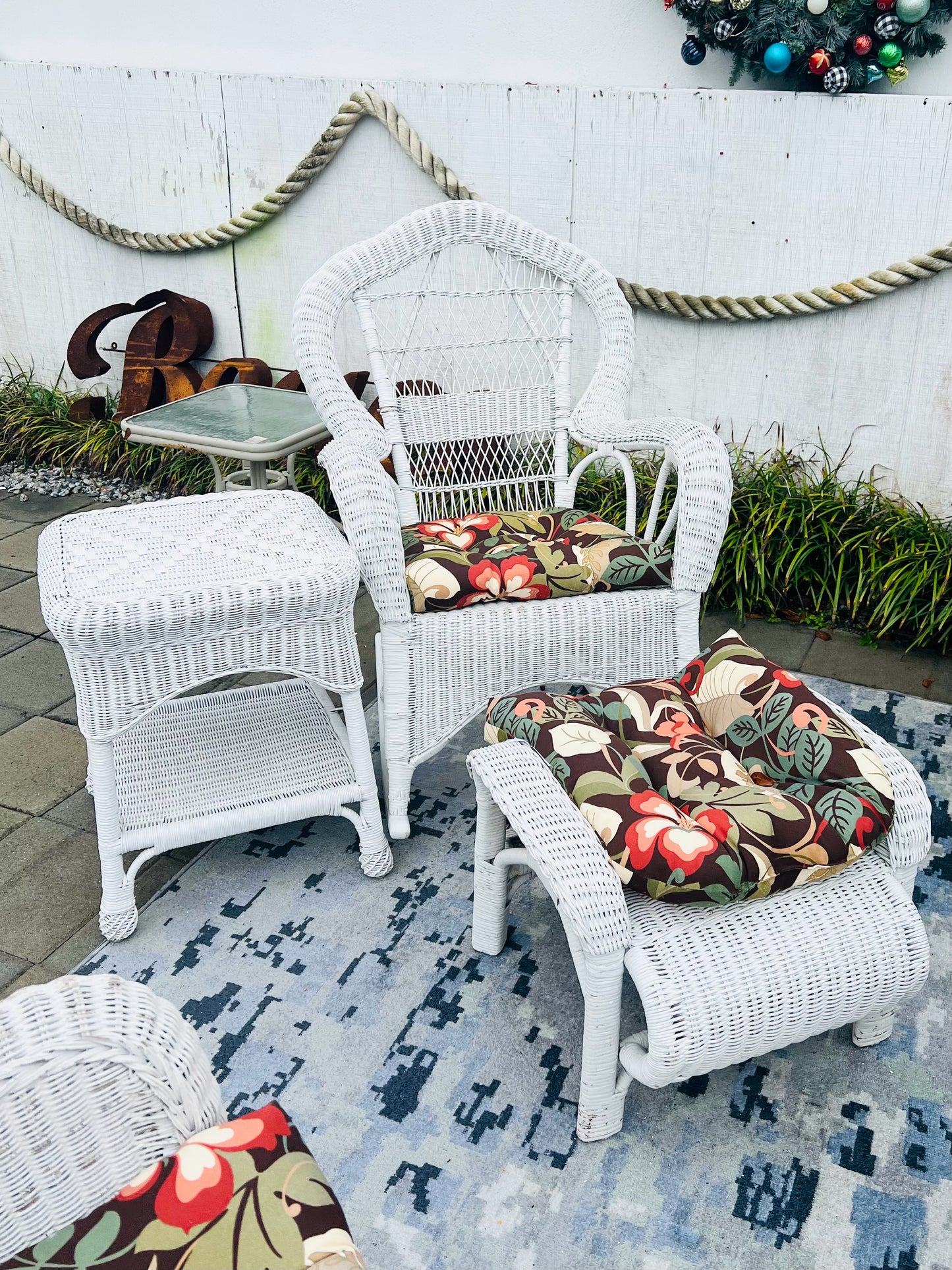 White Wicker Outdoor Rocker & Ottoman