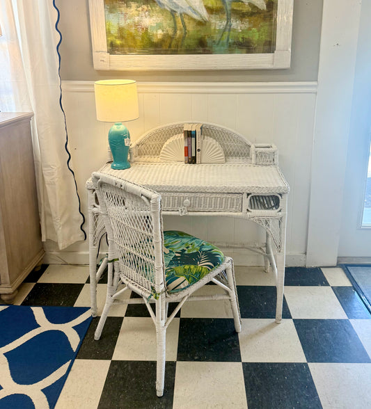 White Wicker Desk with Chair