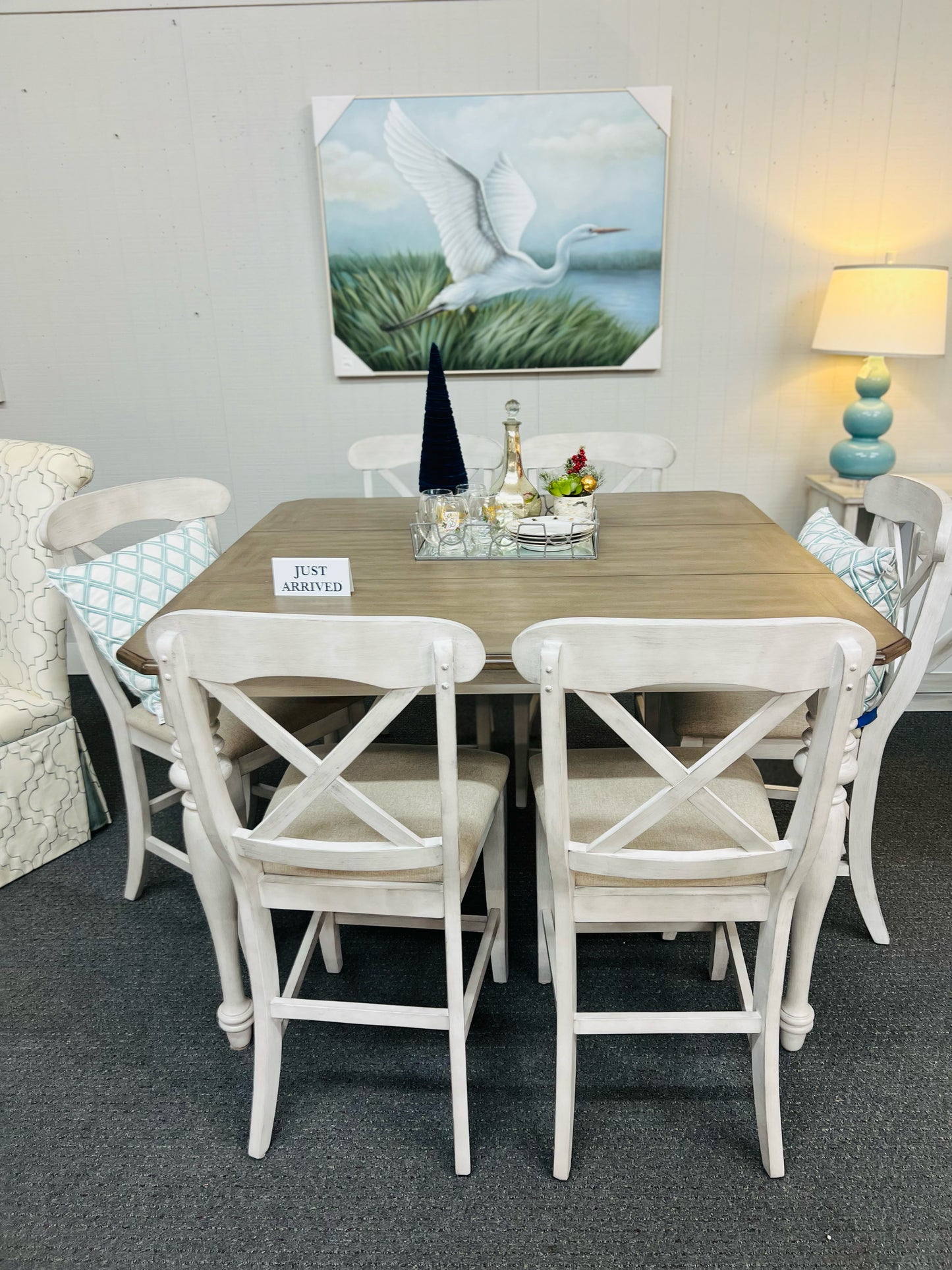 White and Grey Pub Table with 6 Chairs