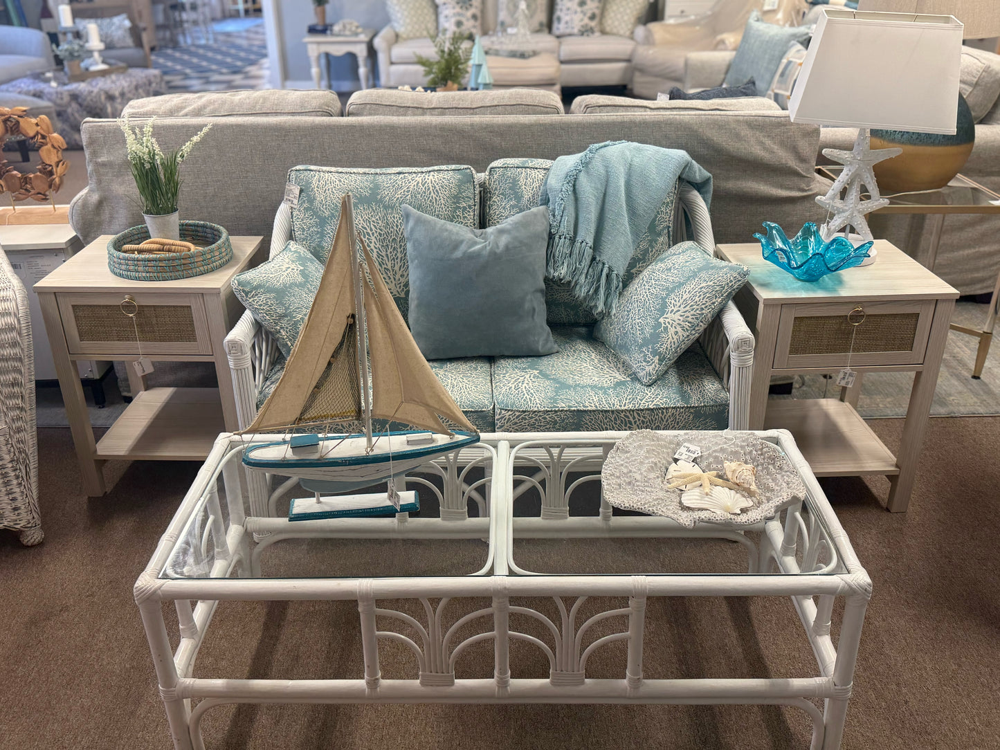 White Rattan Glass Top Coffee Table